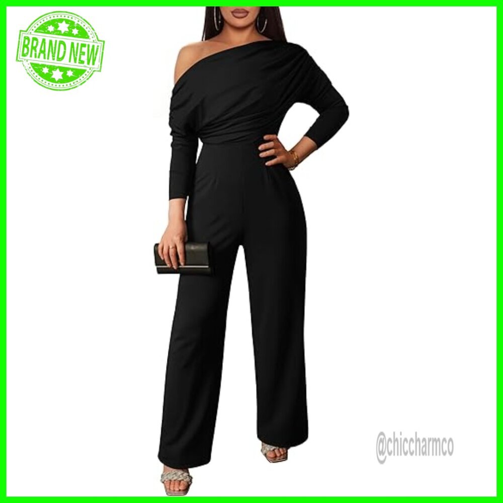 Elegant Off Shoulder Jumpsuit Long Sleeve Wide Leg Fall Polyester Blend